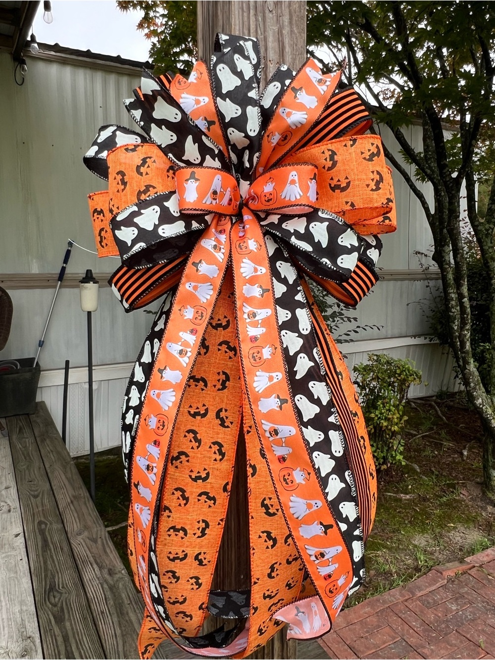 Halloween Orange and Black Ghost Ribbon Bow - Home Accents